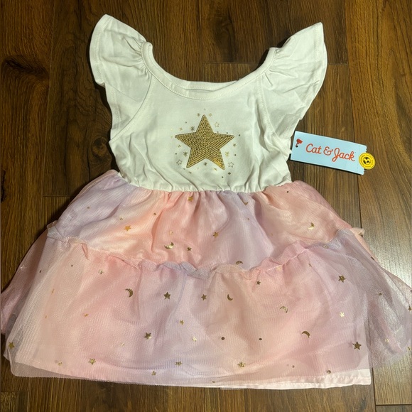 Cat & Jack Baby Girls 2 Piece Short Sleeve Star Tulle Dress - Cream 12M - Picture 4 of 6